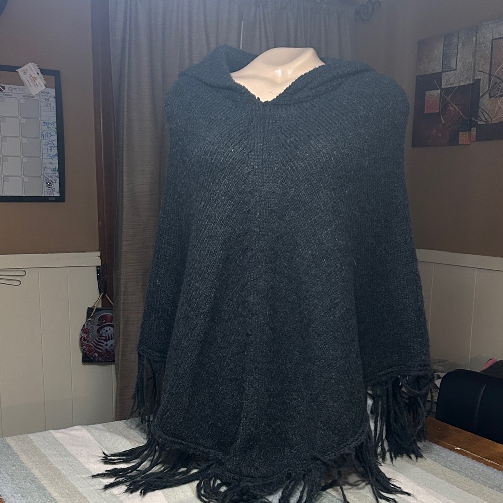 A.N.A a new approach Charcoal Hooded Poncho with Fringe